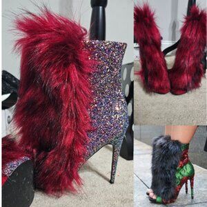 Nelly Bernal Glitter Stiletto Heels w/ Red Faux Fur Women’s Size 11